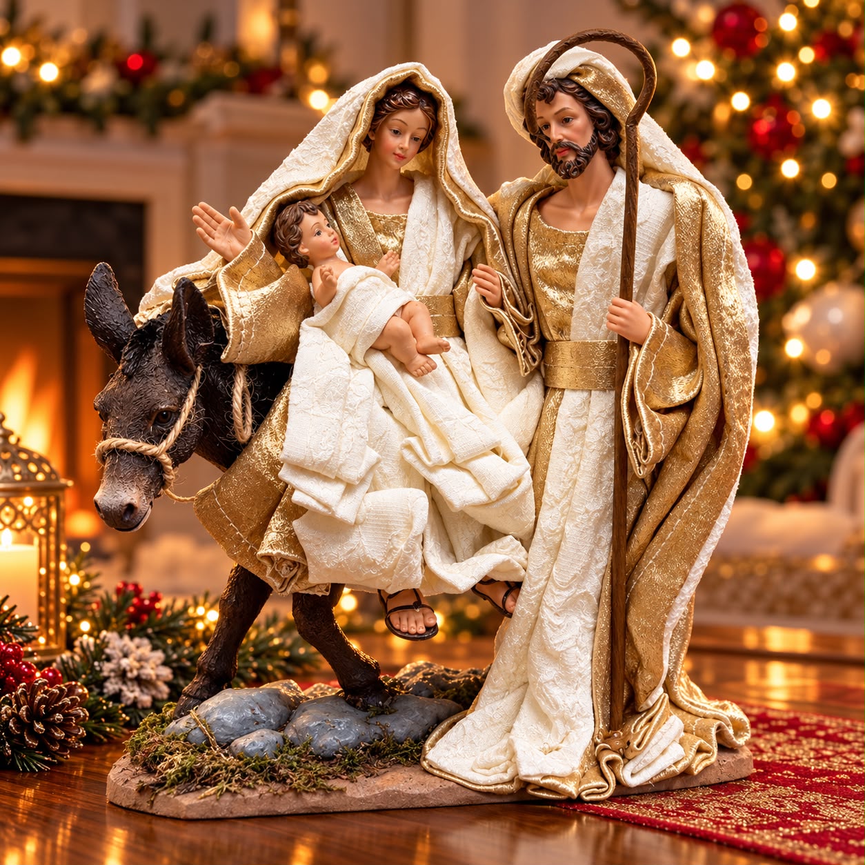 Statuetă Decorativă Premium „Sfânta Familie – Fuga în Egipt”, Maica Domnului, Pruncul Iisus și Sfântul Iosif – 23 × 20 cm - detaliu produs
