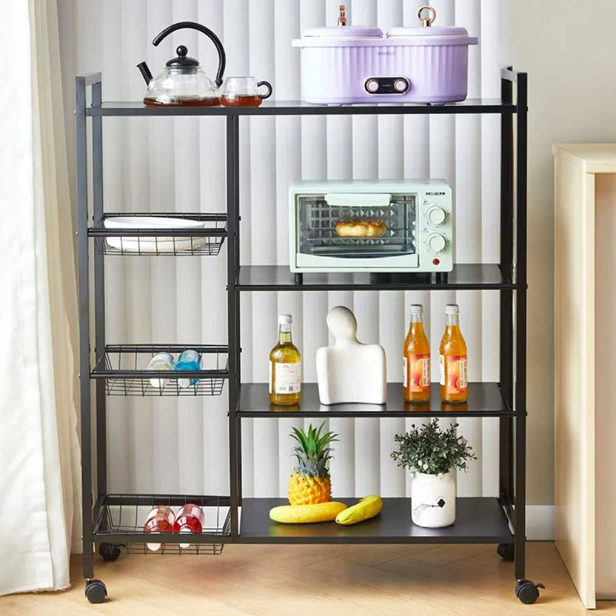 Raft metalic cu 4 polite si 3 cosuri pentru depozitare, portabil, 90  x 32  x 108  cm, negru