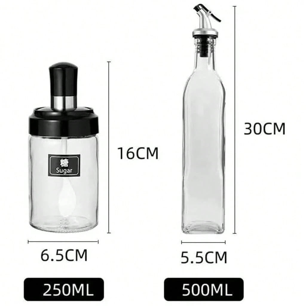 Set elegant pentru ulei, oțet și condimente – 2 sticle din sticlă 500 ml + 3 recipiente cu linguriță 250 ml
