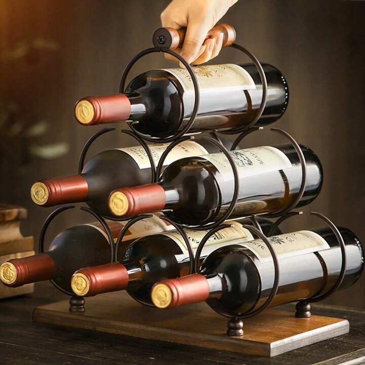 Suport pentru 6 sticle de vin, design modern, lemn natural si otel, 32.5 x 16 x 30 cm
