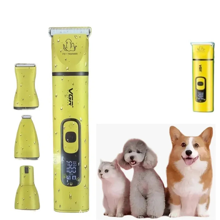 Masina de tuns pentru animale VGR V-204, 4 in 1, fara fir, afisaj LED, 3 viteze, 5 capete, 13 trepte de taiere, pentru caini si pisici, galben