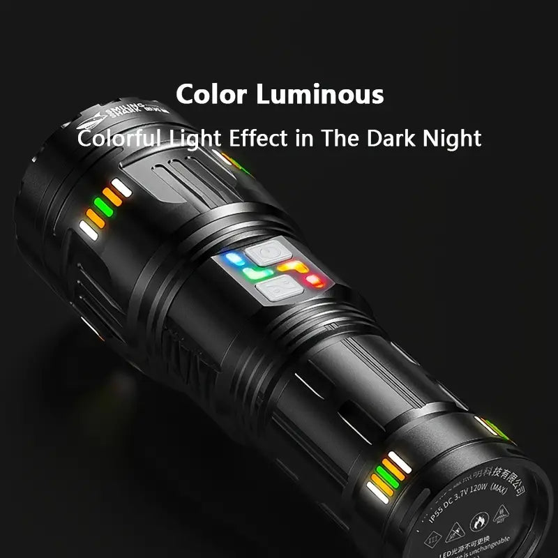 Lanterna profesionala cu led laser, 5km raza actiune, 30000 lumeni, 6 moduri luminare, 90W, incarcare USB-C, baterii incluse