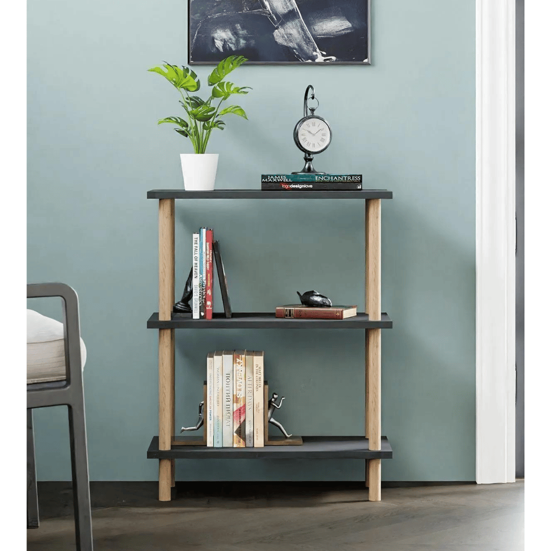 Etajera decorativa cu 3 rafturi si picioare din lemn – ideala ca biblioteca sau masuta laterala