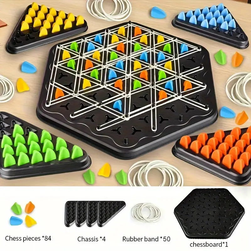 Joc interactiv de sah, educativ, cu benzi de cauciuc si triunghiuri geometrice, pentru copii