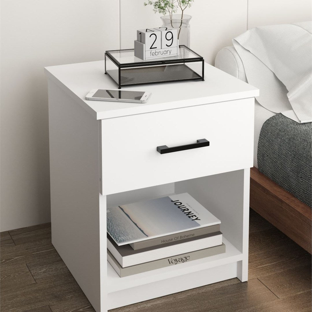 Noptiera cu sertar clasica, noptiera dormitor 40 x 45 cm, 1 sertar + 1 raft deschis, PAL melaminat 18 mm clasa E1 rezistent, design curat asamblare rapida 15 minute, stil modern minimalist scandinav Alb - vedere principala