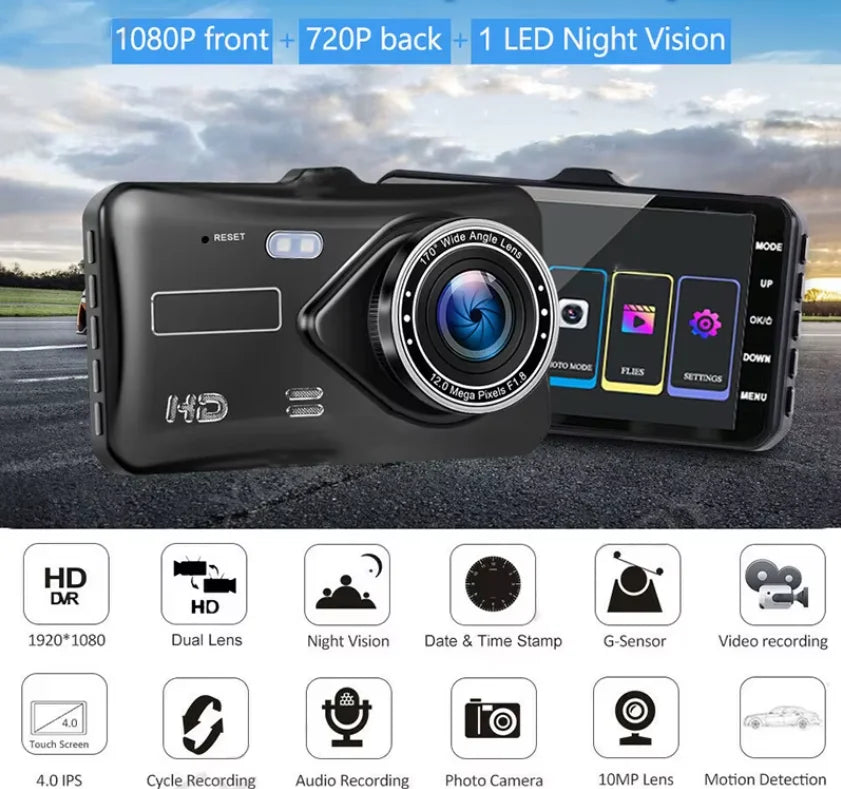 Camera auto dubla, Full HD, Rezolutie 1080p, Unghi filmare 170° in fata si 120° in spate, Ecran LCD 4 inch cu Touchscreen, Senzor G, filmare in bucla