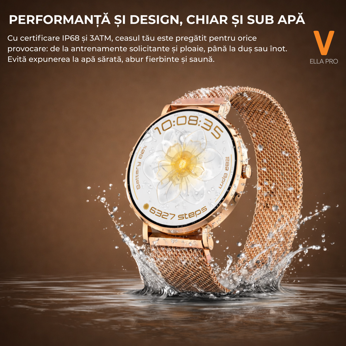 Ceas Smartwatch Dama ELLA PRO Vivendo®, Ecran AMOLED 1.32", Fitness, Apel Bluetooth, Notificari Limba Romana, ChatGPT AI, Incarcare Wireless, Rezistent Apa IP68, 2 Curele Incluse