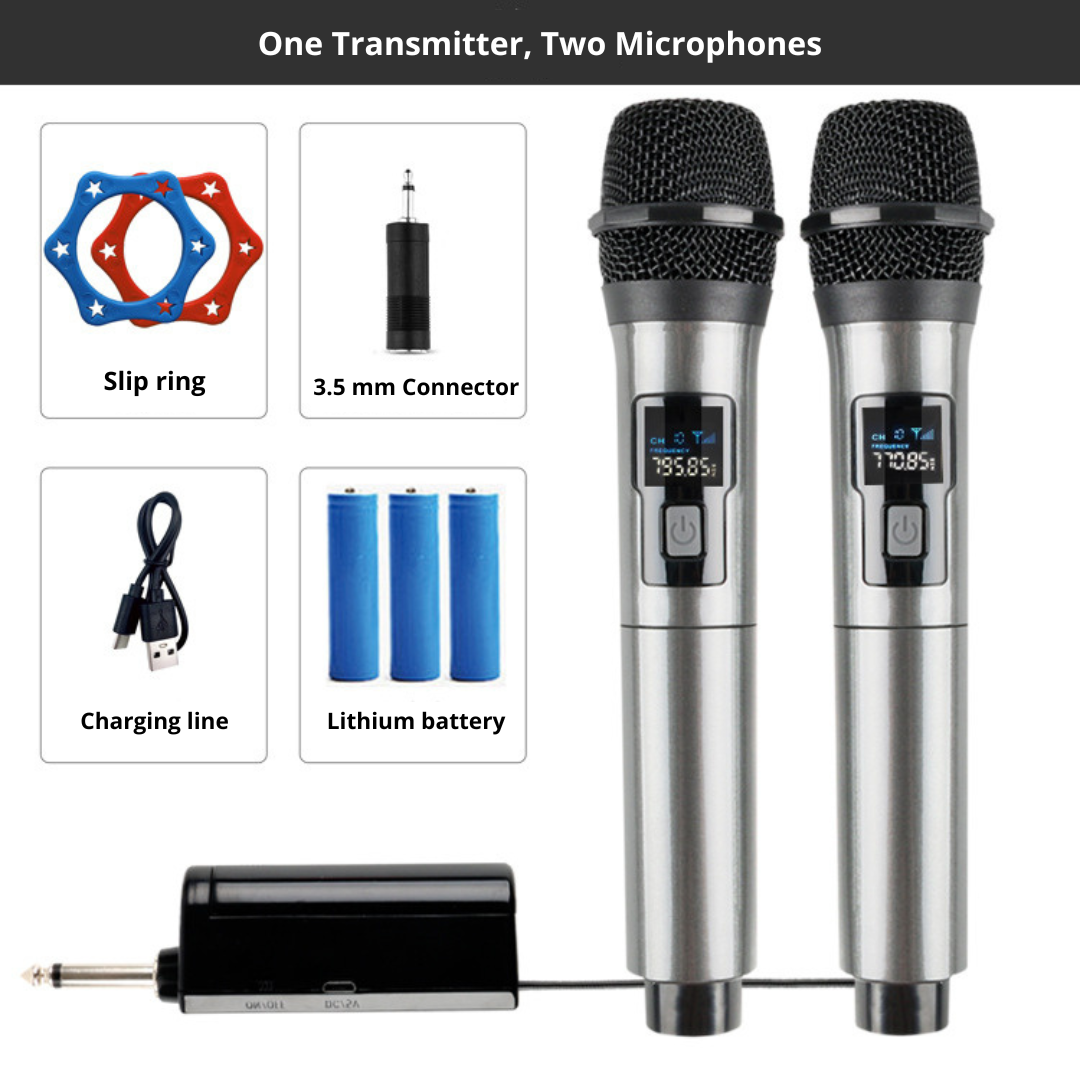 Set microfoane wireless 2x cu receptor si baterii reincarcabile – raza 80 m, jack 3.5/6.5 mm