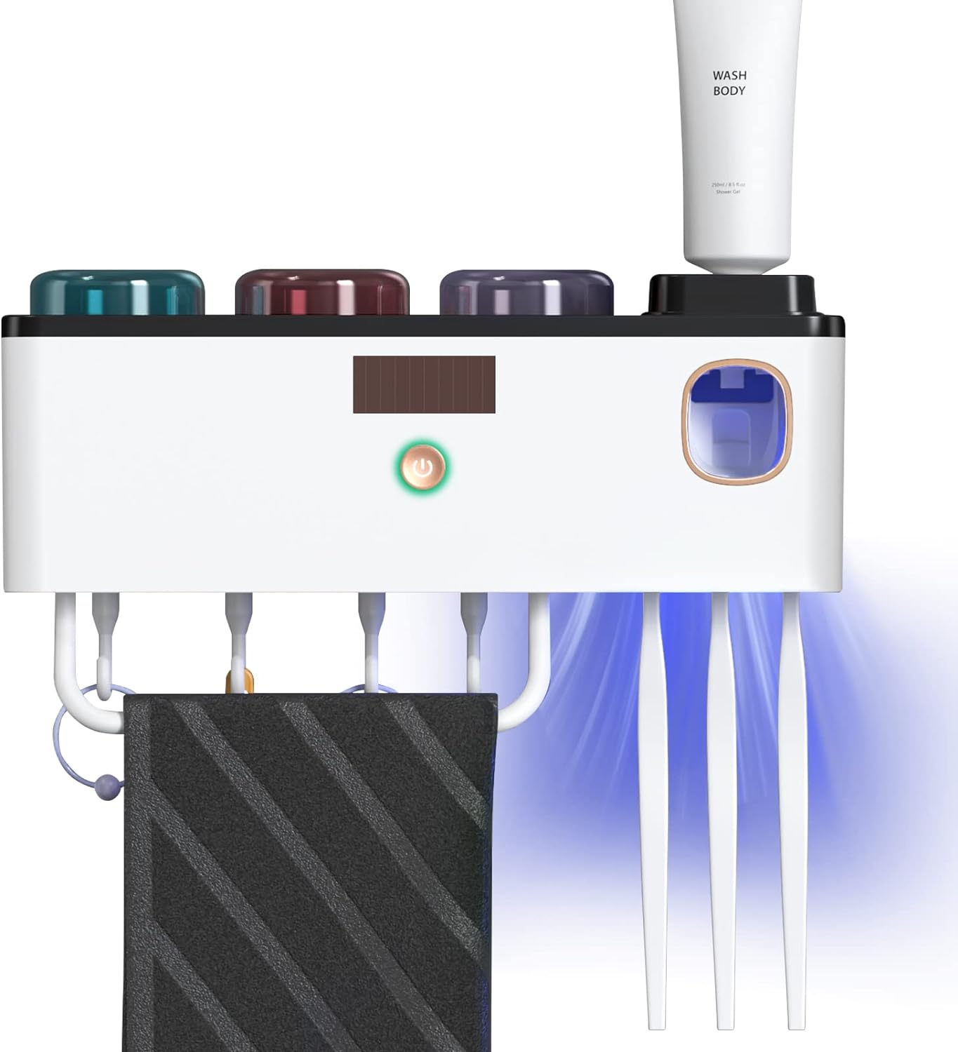 Sterilizator UV pentru periute de dinti, Dozator de pasta, 4 pahare individuale cu atasare magnetica, 4 suporturi de sterilizare, montaj pe perete, incarcare USB si panou energie solara, alb
