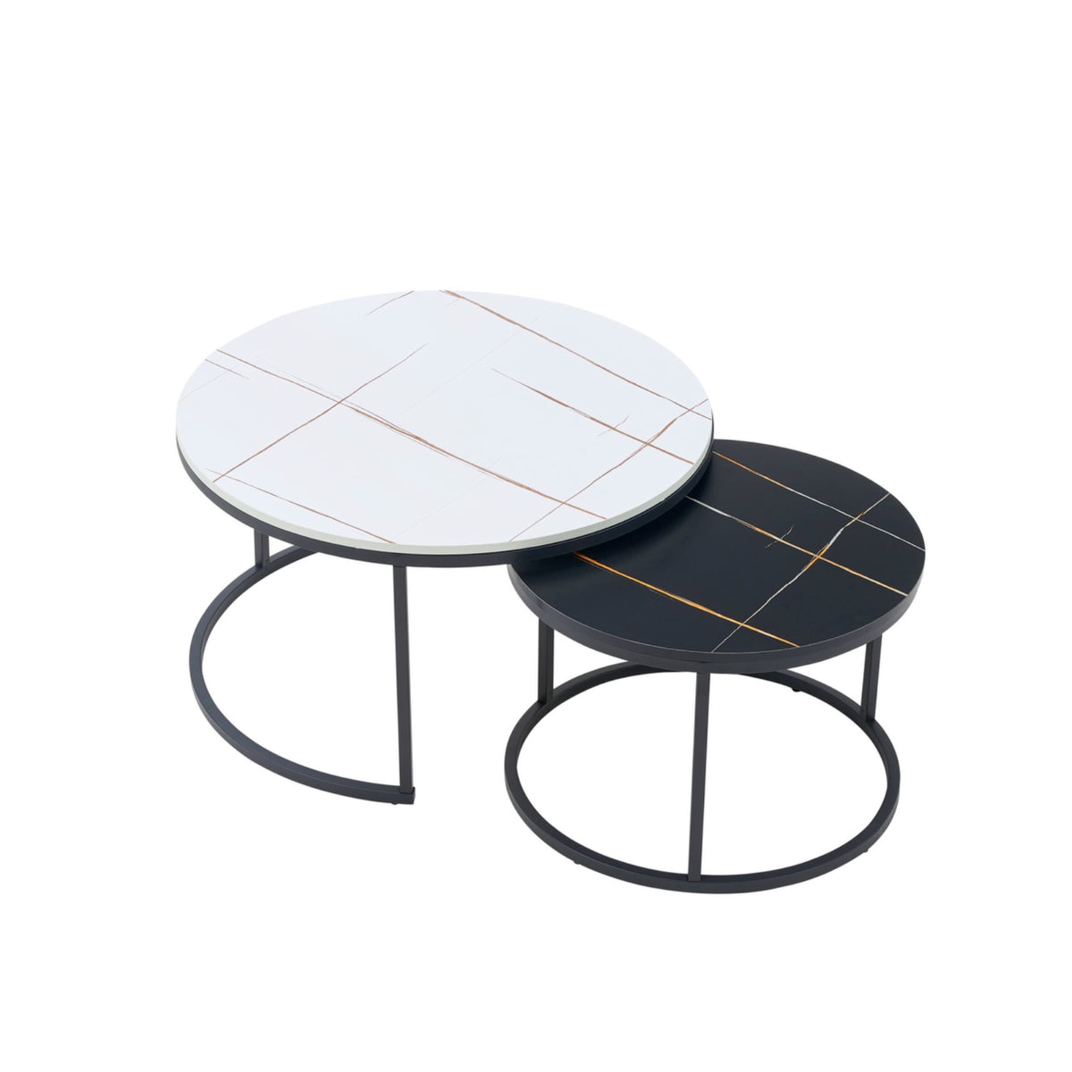 Set 2 masute rotunde de cafea cu efect de marmura, diametru 80/60 cm, blat MDF, cadru metalic