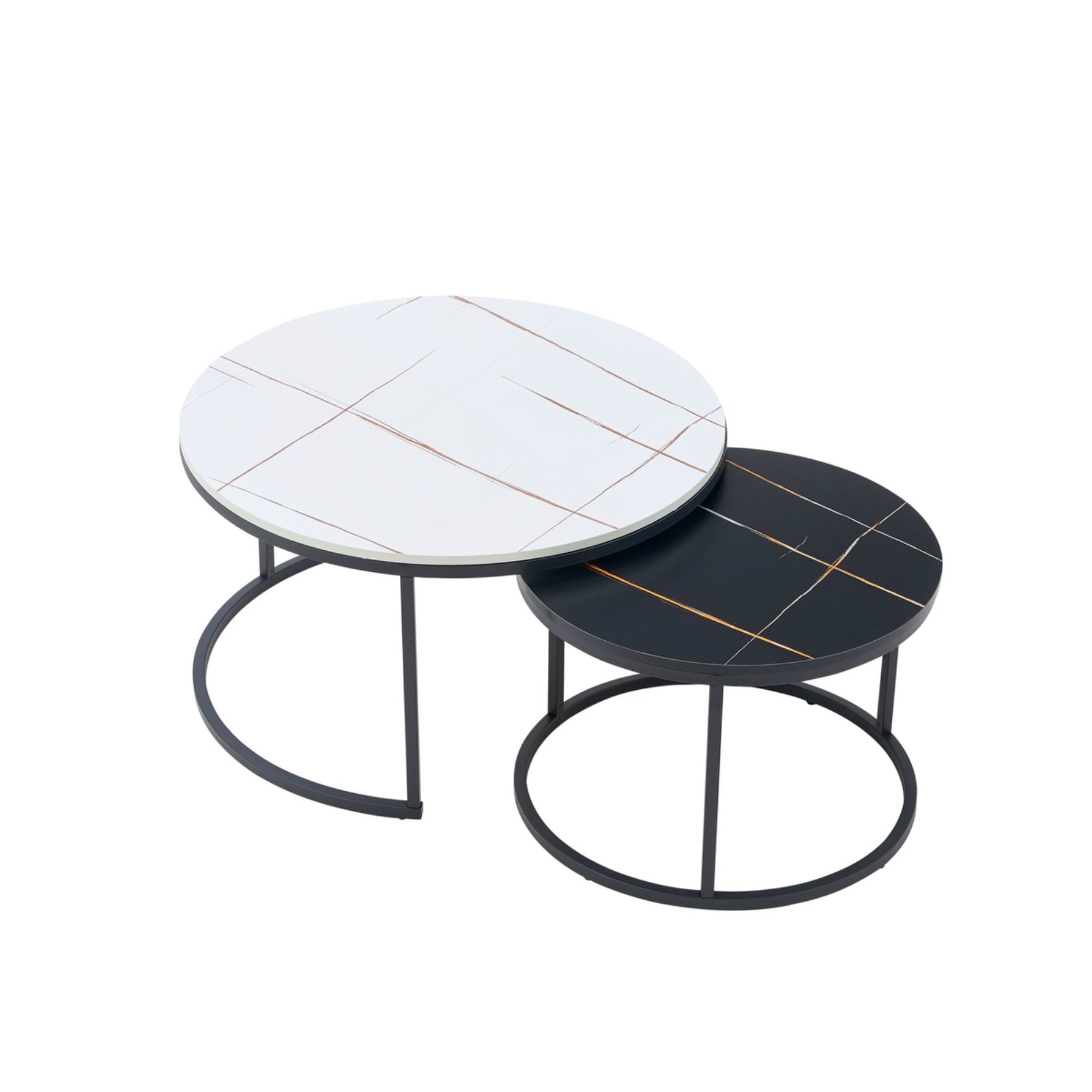 Set 2 masute rotunde de cafea cu efect de marmura, diametru 80/60 cm, blat MDF, cadru metalic