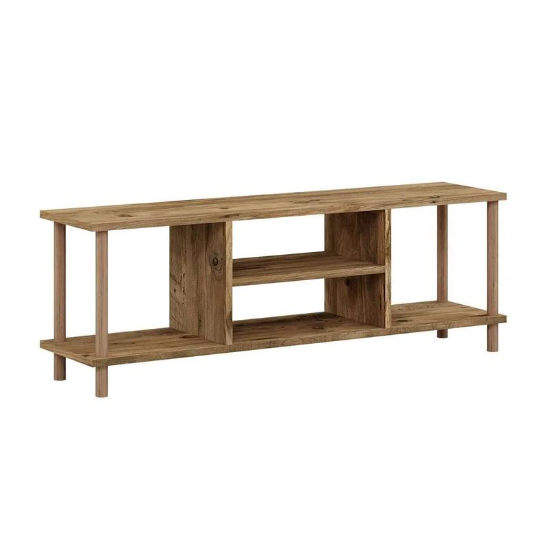 Comoda TV cu rafturi, 120 cm, model cu picioare din lemn