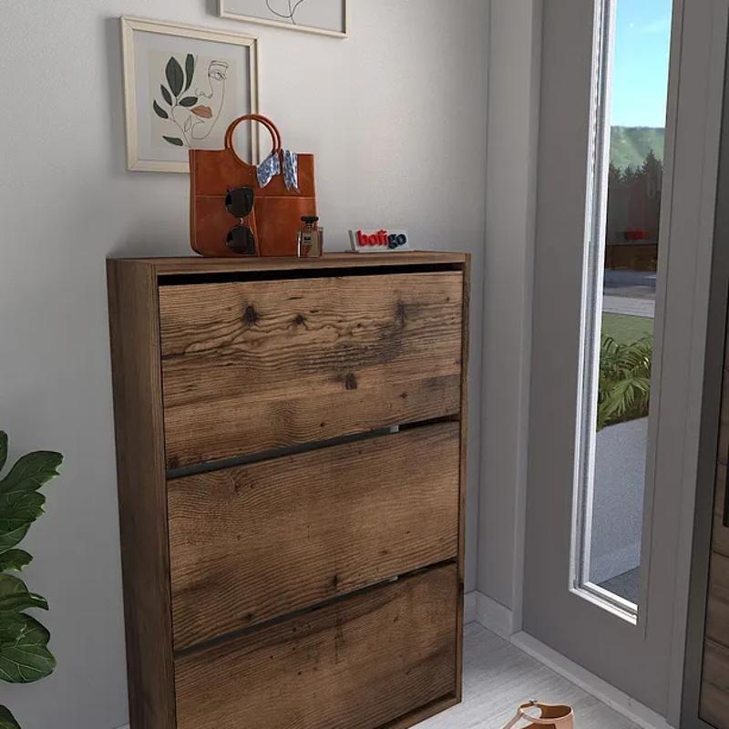Pantofar cu usa rabatabila si rafturi glisante, 3 compartimente, PAL melaminat de 18 mm, 110  x 73,5  x 22 cm