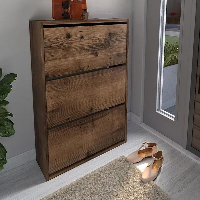 Pantofar cu usa rabatabila si rafturi glisante, 3 compartimente, PAL melaminat de 18 mm, 110  x 73,5  x 22 cm