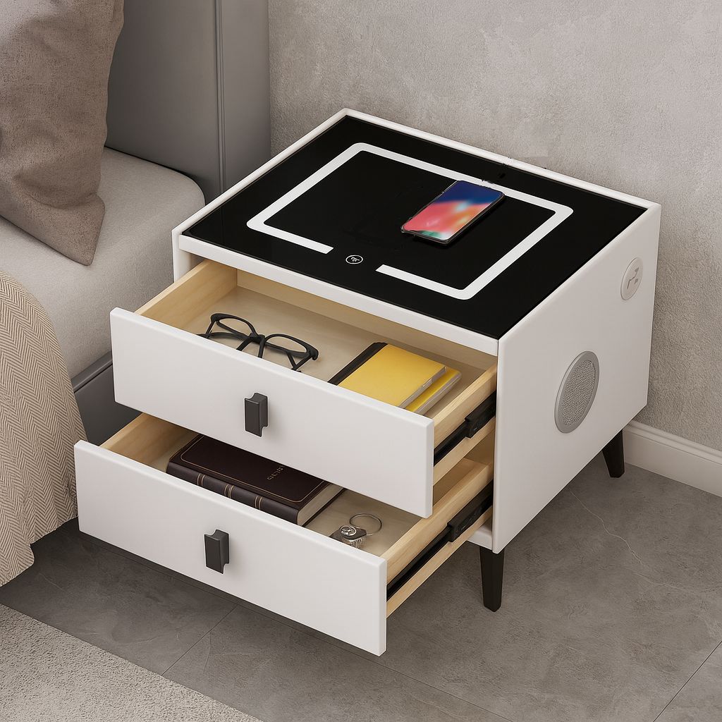 Noptiera SMART Multifunctionala, iluminare LED tactil cu 3 culori, incarcare wireless si USB, difuzor Bluetooth, 2 sertare