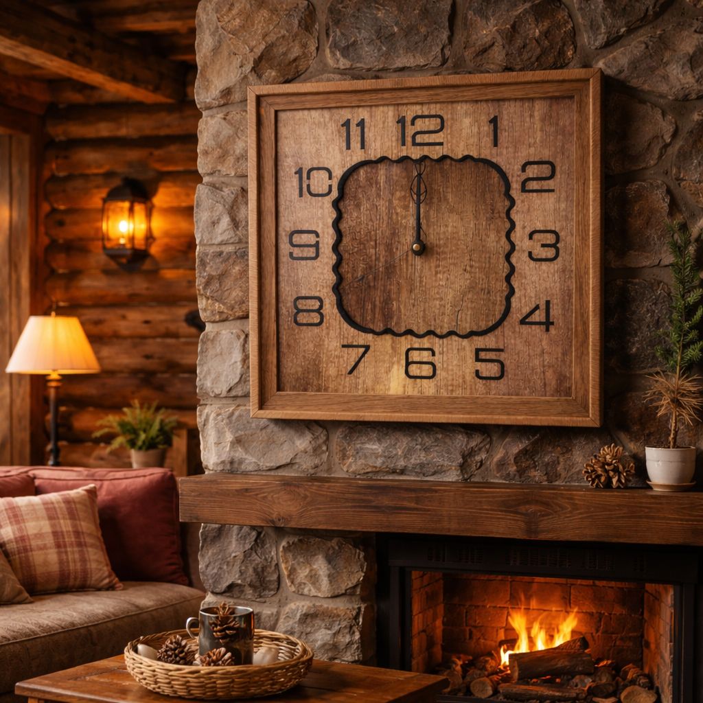 Ceas de perete rustic din lemn, cu design patrat, cifre vizibile si mecanism silentios, 33 cm