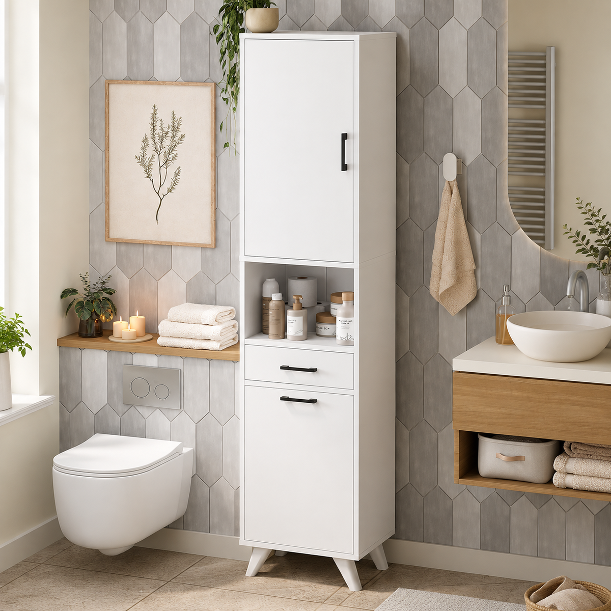 Dulap Baie Suspendat Alb 202cm Laundry Cabinet Waterfall Design Modern - detaliu produs