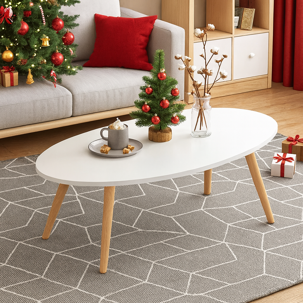 Masuta de Cafea Ovala 80x40x40 cm, Design Modern Alb cu Picioare din Lemn