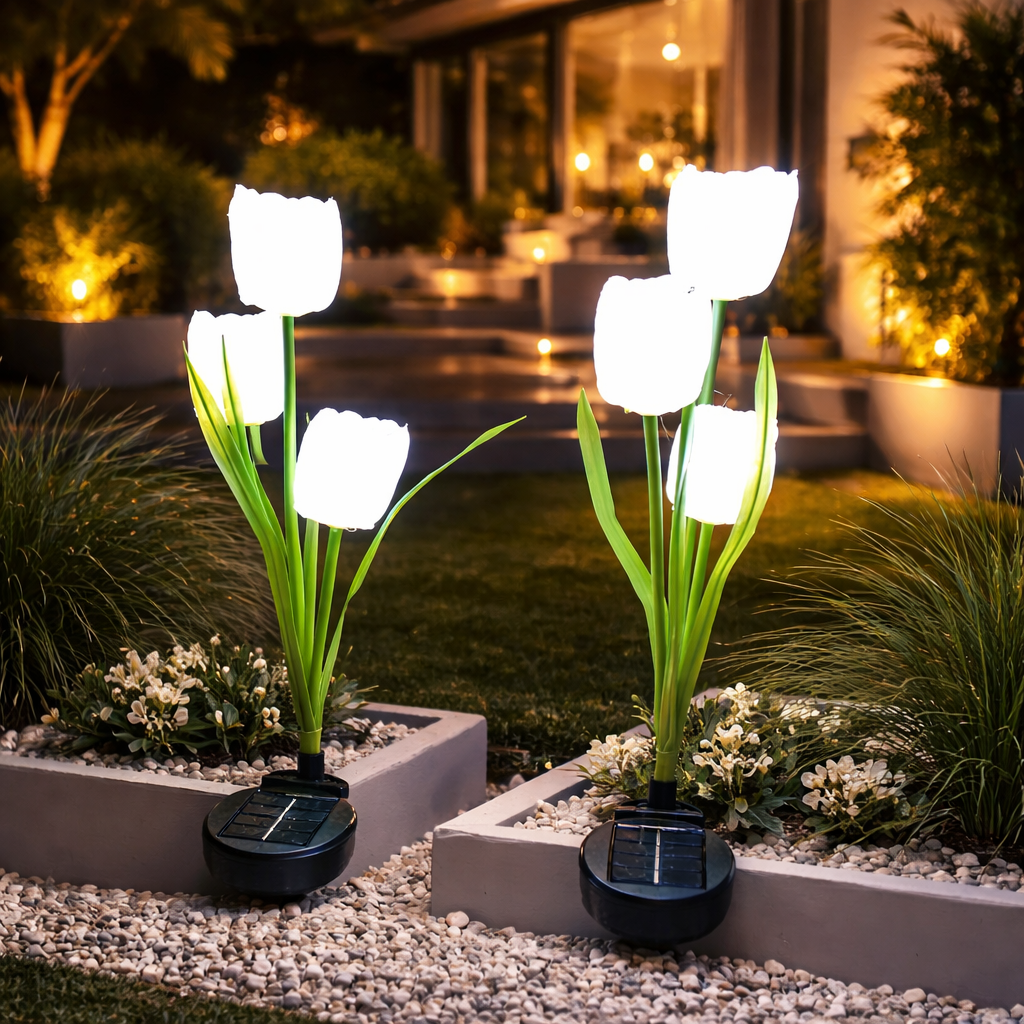 Set 2 lampi Solare Gradina Tip Lalea – 30 cm, 30 lm, Iluminare Alba