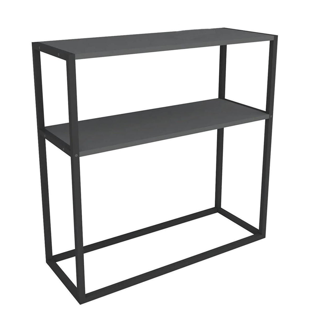 Masă consola decorativa cu 2 rafturi, 90x90x33,5 cm, efect stejar și cadru metalic