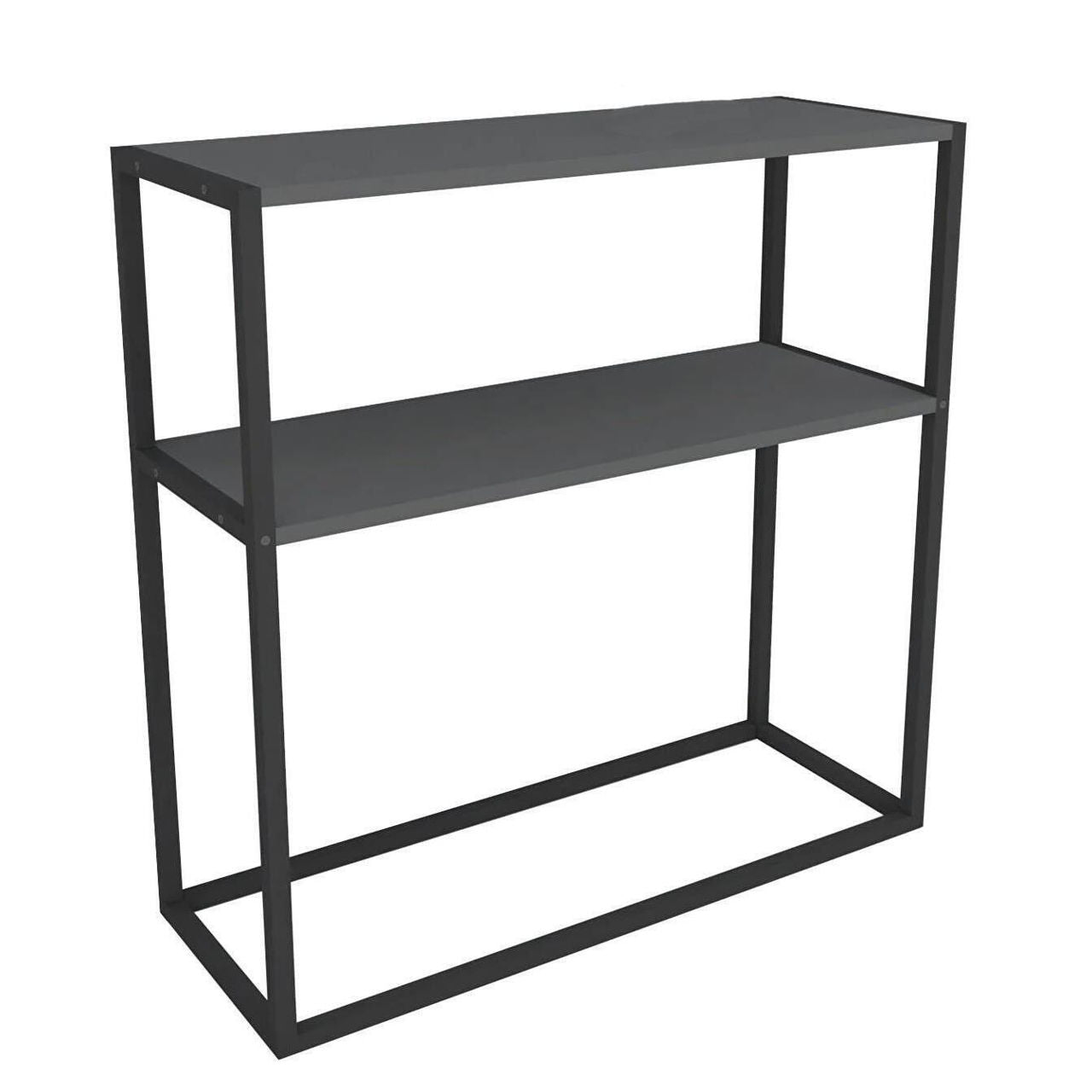 Masă consola decorativa cu 2 rafturi, 90x90x33,5 cm, efect stejar și cadru metalic