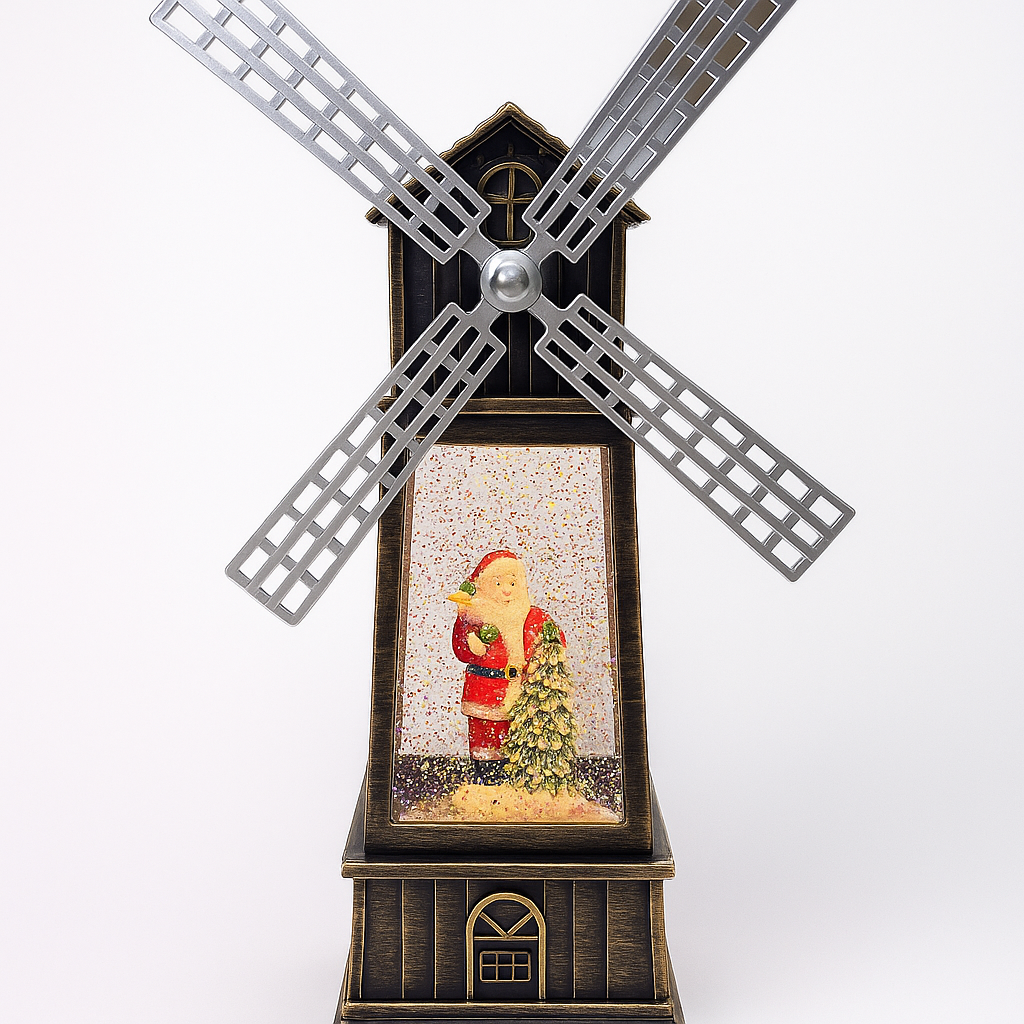 Decoratiune Craciun, Figurina Moara de Vant cu Mos Craciun, functie muzicala, zapada in miscare, cu baterii, Negru/Auriu, 3 Modele