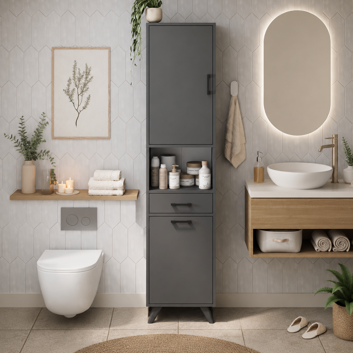 Dulap de baie multifuncțional cu coș de rufe, PAL 18 mm, compartimente de depozitare și rafturi, Alb, 202,5 x 47 x 35,3 cm - detaliu produs