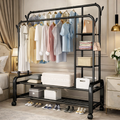 Suport Dublu de Umerase pentru Haine Stand Metalic Organizator 162x110cm Negru cu Roti