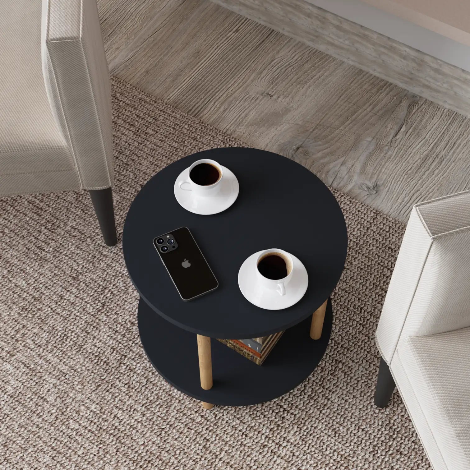 Masuta Cafea Rotunda Lemn Picioare Metalice Design Modern Gri Antracit - detaliu produs