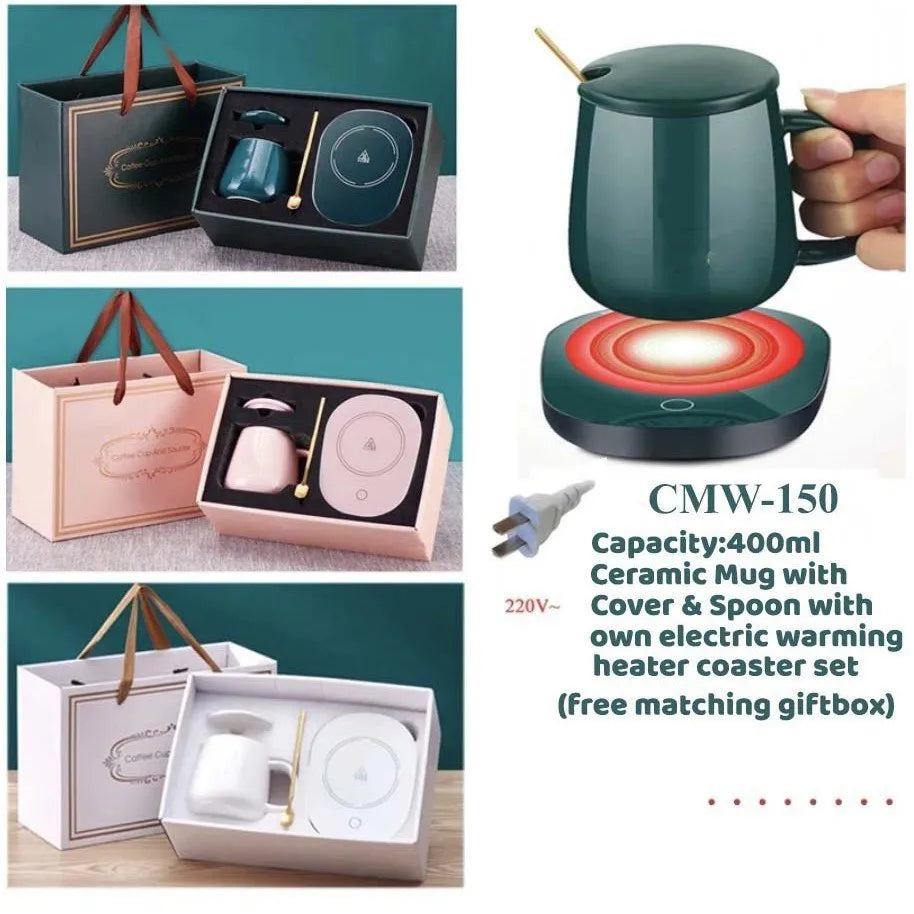 Set cadou Cana ceramica cu incalzitor, lingurita, temperatura constanta 55 grade, 220V, 400 ml