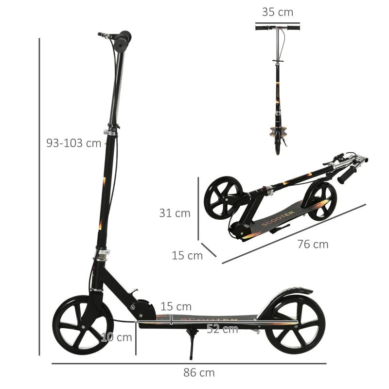 Trotineta pliabila pentru copii 10-16 ani, reglabila pe 3 inalțimi, roti mari din plastic și metal, 86x35x93/98/103 cm, Negru