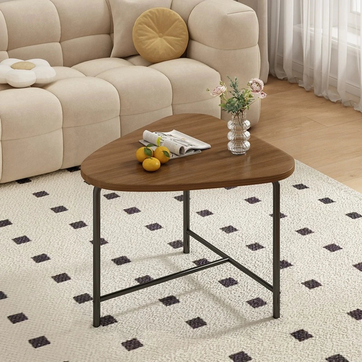 Masuta triunghiulara pentru cafea, blat MDF, cadru metalic, 64 x 52 x 51 cm, natur cu negru