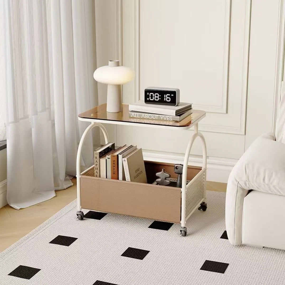 Masuta portabila cu compartiment pentru depozitare, blat din sticla, cadru metalic, 53 x 55 x 36 cm