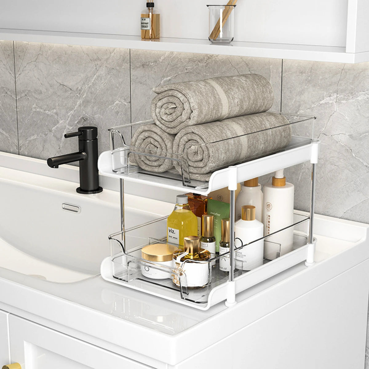 Suport cu 2 rafturi retractabile, 2 nivele si 6 compartimente de depozitare, 29  x 20 x 23  cm, alb