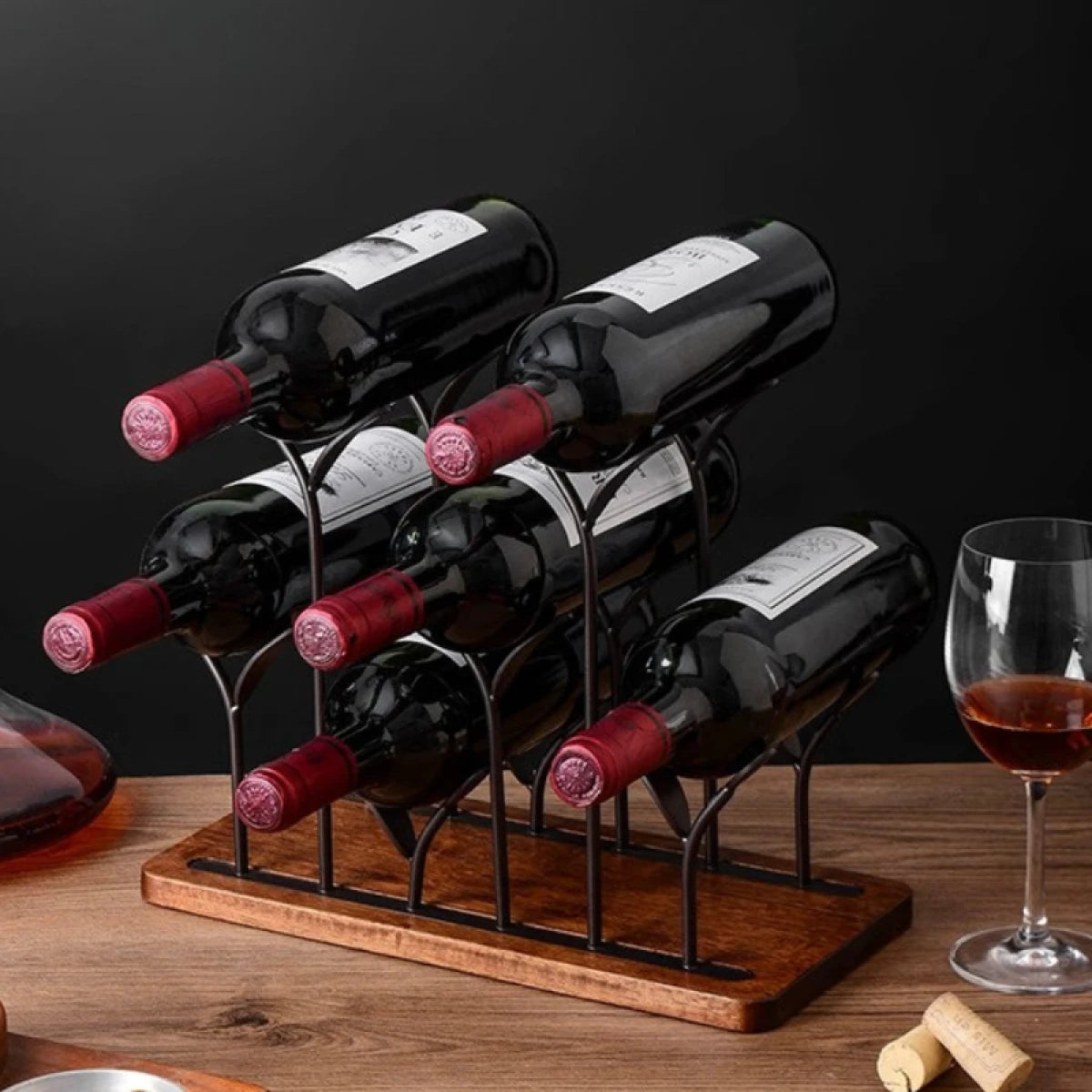 Suport pentru 6 sticle de vin, design modern, lemn natural si otel, 32.5 x 16 x 30 cm