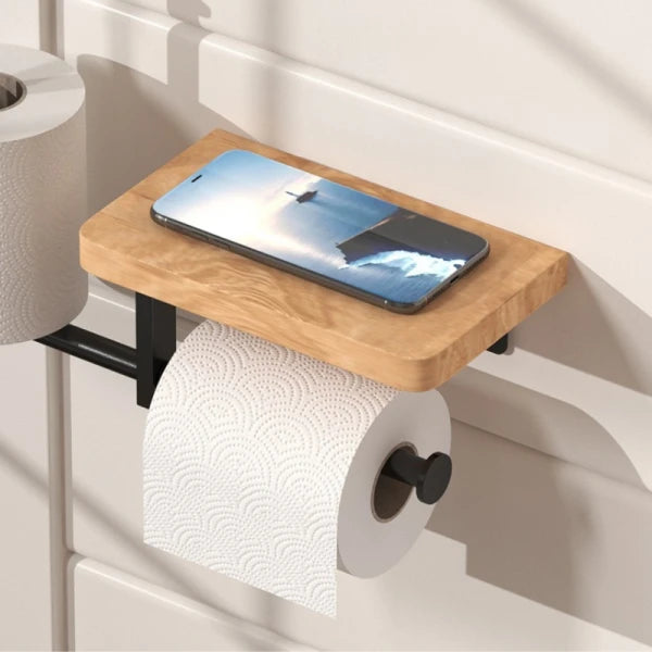 Suport multifunctional pentru hartia igienica din otel si lemn, 2 moduri de montare, negru