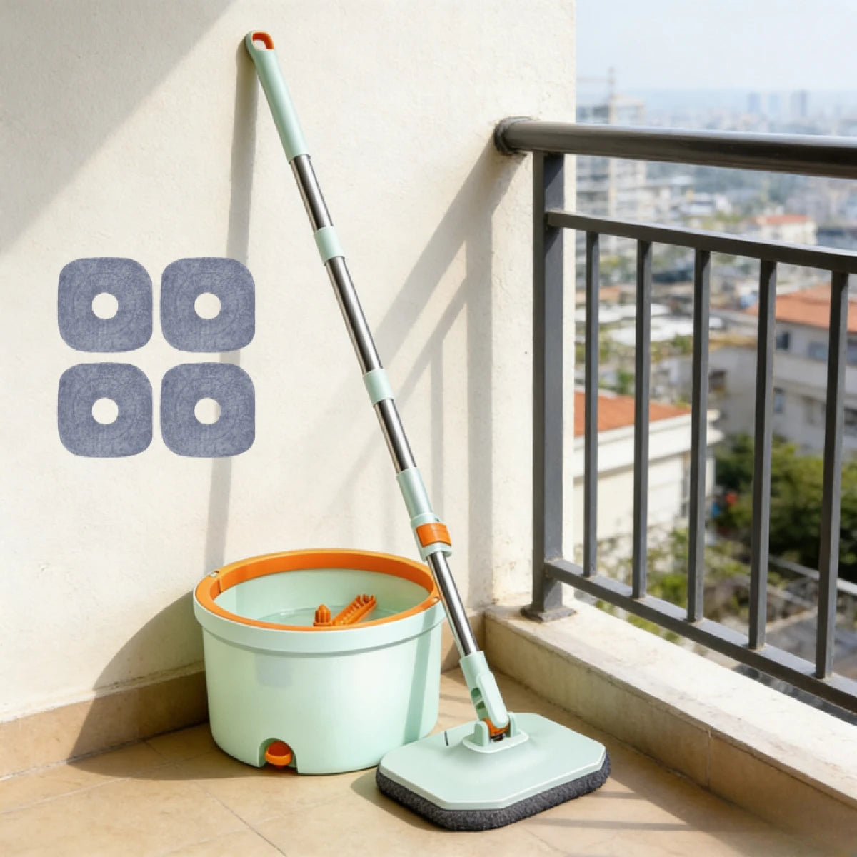 Set mop rotativ 360° cu galeata centrifuga, separare apa curata de apa murdara, sistem evacuare apa, 4 rezerve