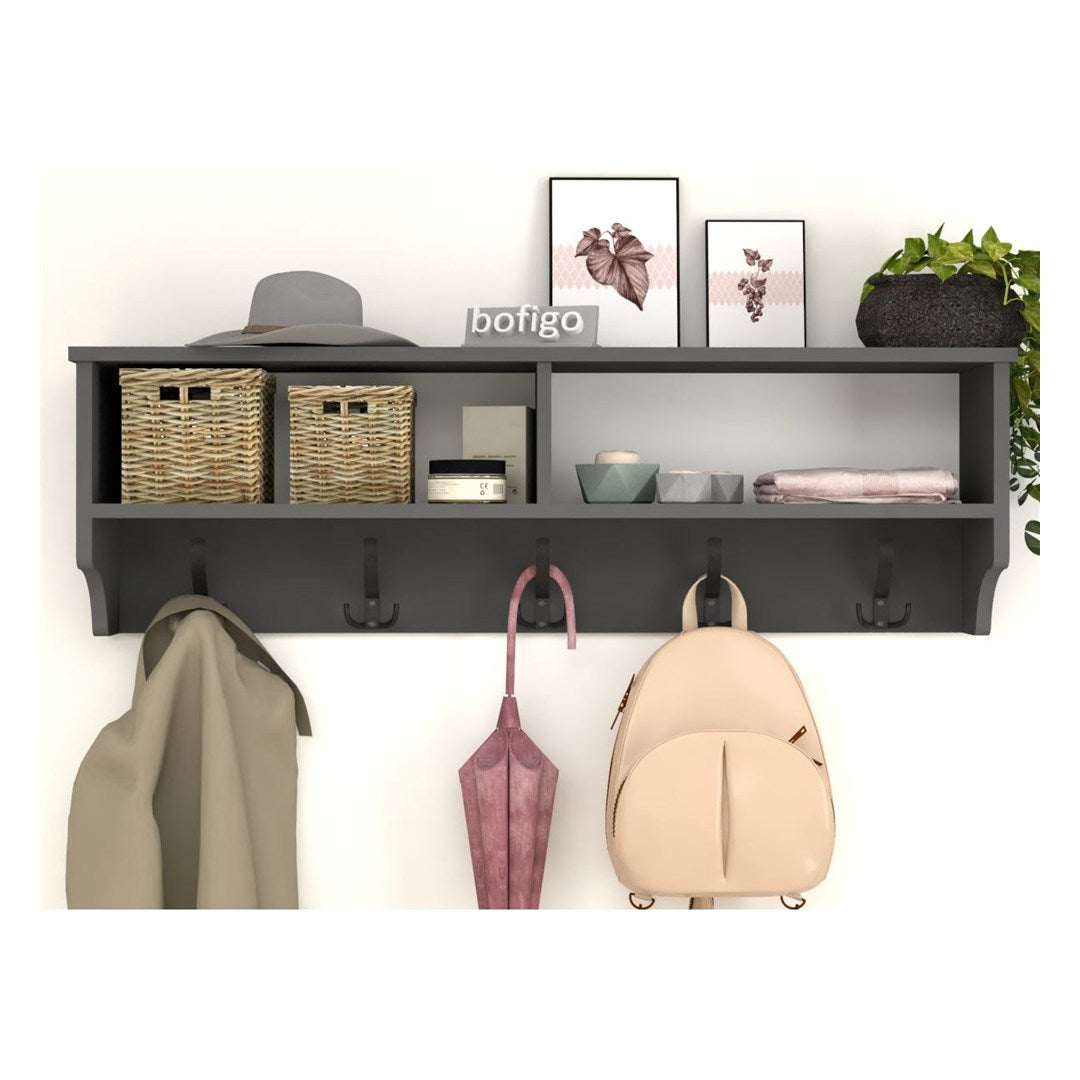 Cuier de perete cu raft 120 cm, cuier hol, 5 carlige metalice rezistente + raft superior pentru caciuli palarii si genti, PAL melaminat 18 mm clasa E1, montaj pe perete, stil modern minimalist scandinav Alb - detaliu 10
