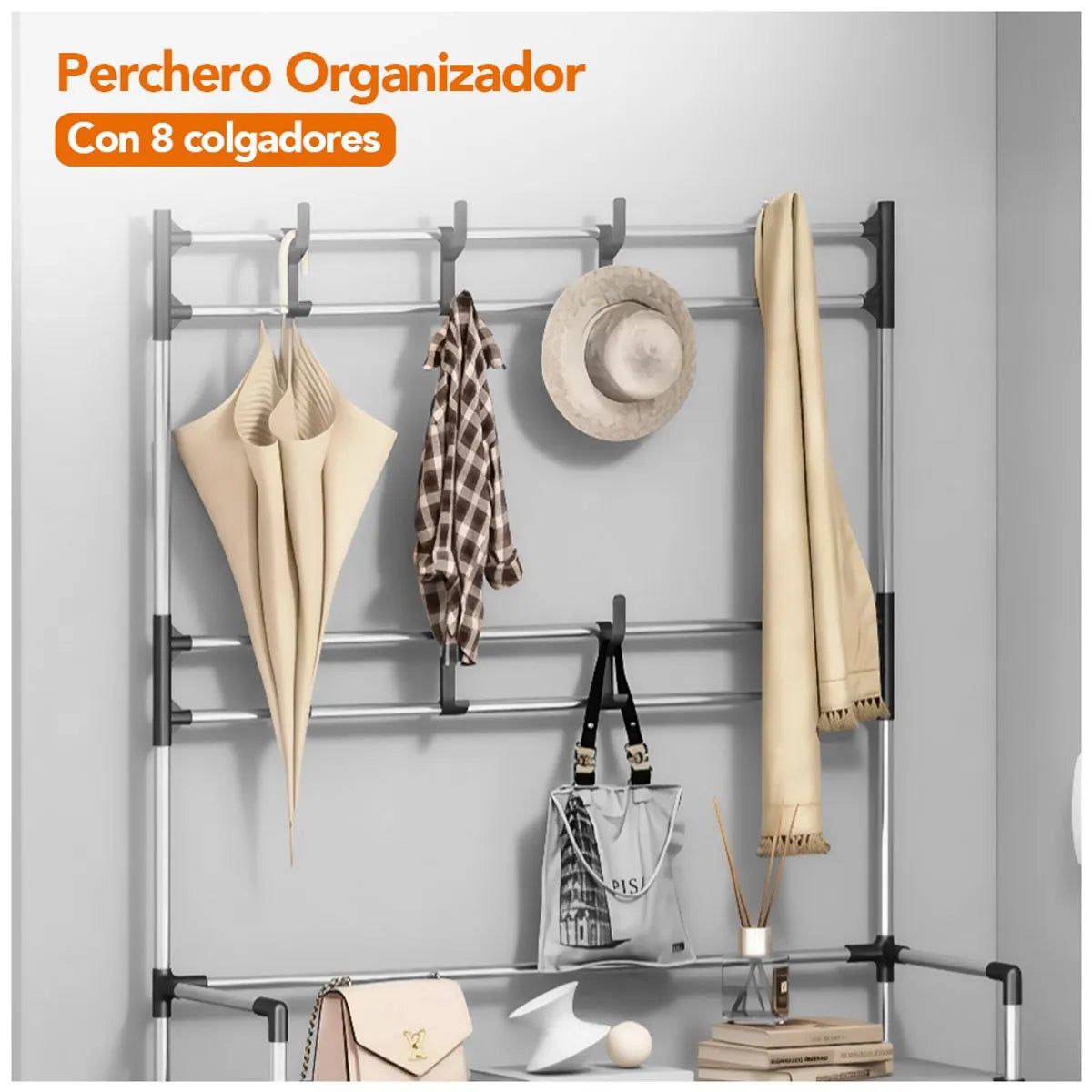 Cuier cu raft pantofi pe 3 niveluri si 8 carlige duble, suport haine si incaltaminte pentru hol