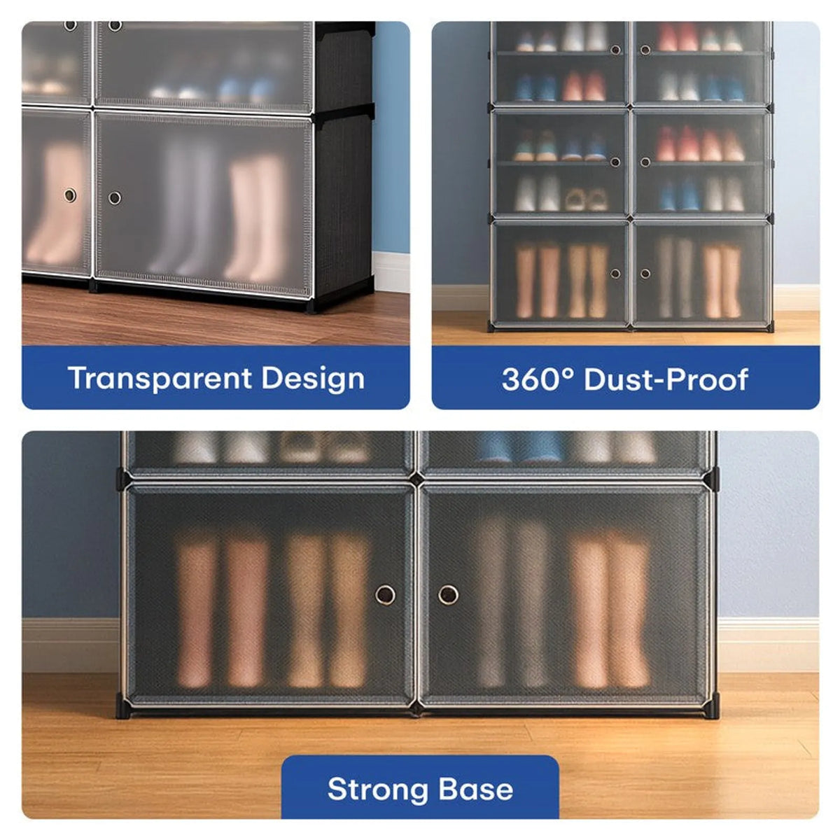 Pantofar Modular cu 6 Compartimente, 81 × 29 × 96 cm, Uși Magnetice Semitransparente, Structură Metalică, Negru/Gri - detaliu produs