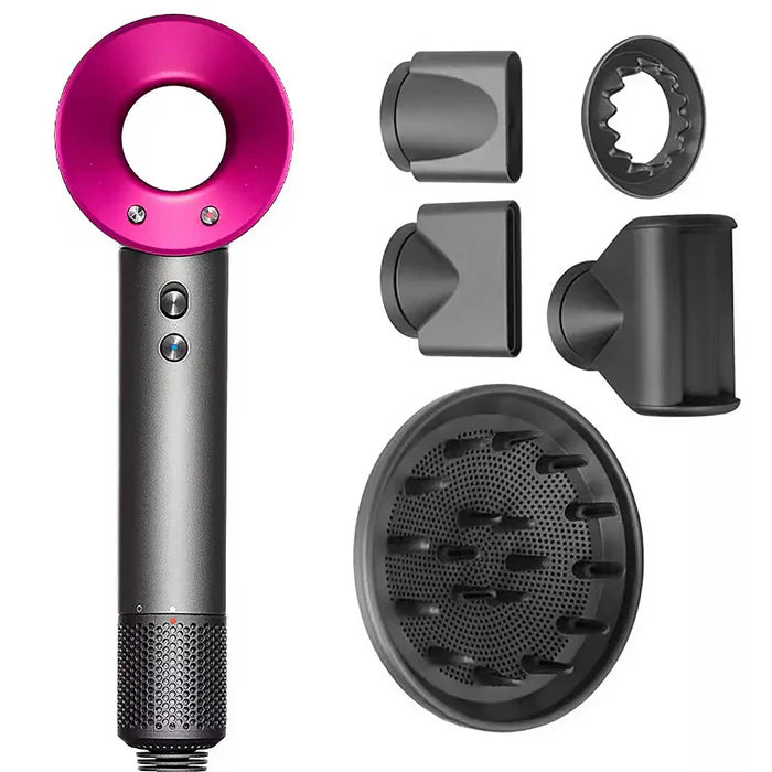 Uscator de par ultra puternic, ioni negativi, aer rece/cald, 1600W, 3 trepte de viteza, 4 trepte de temperatura, 5 capete diferite, Roz gri