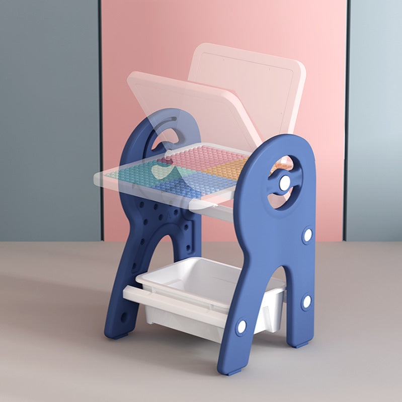 Set masa si scaun pentru copii, interactiva 2 in 1 cu tabla de scris si masa lego, cu 2 carioci si jucarii lego incluse