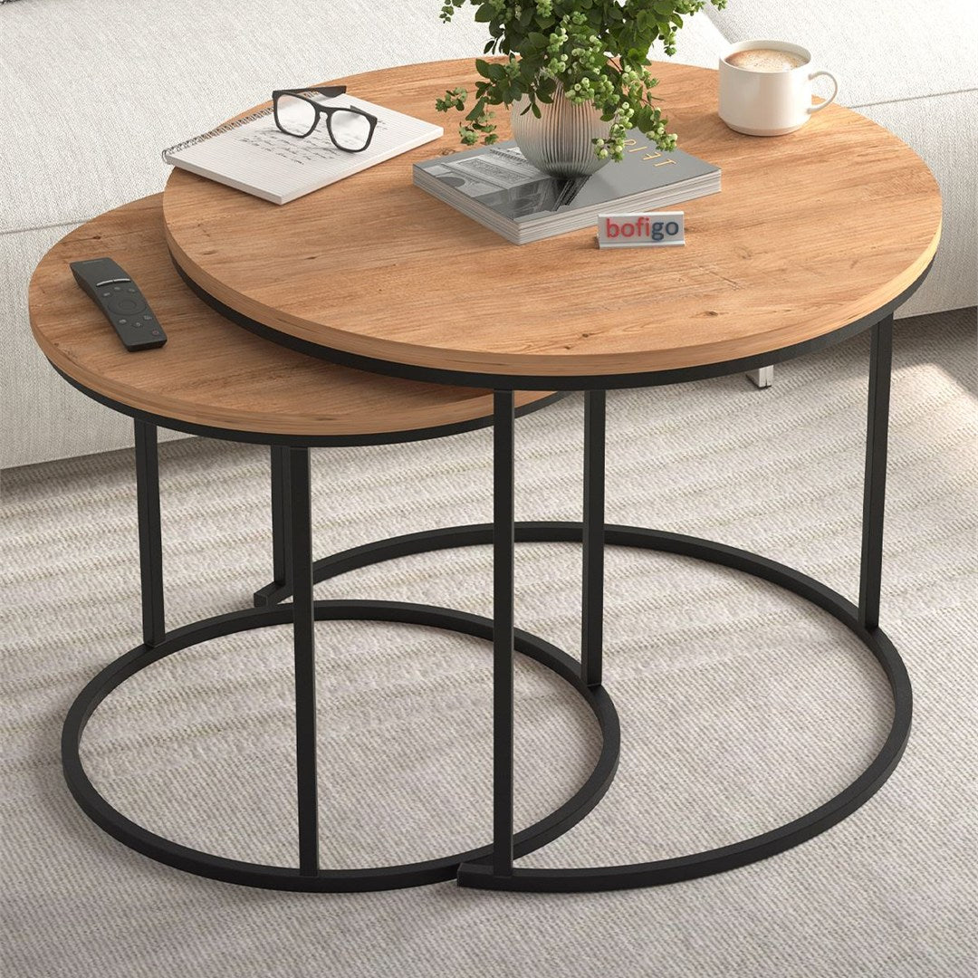 Set 2 masute Hilal Zigon, masute cafea 60 x 50 cm, stil Zigon se imping una sub alta, picioare metalice + blat PAL melaminat 18 mm clasa E1, perfecte living birou sau apartament mic, stil modern scandinav Pin natur - vedere principala