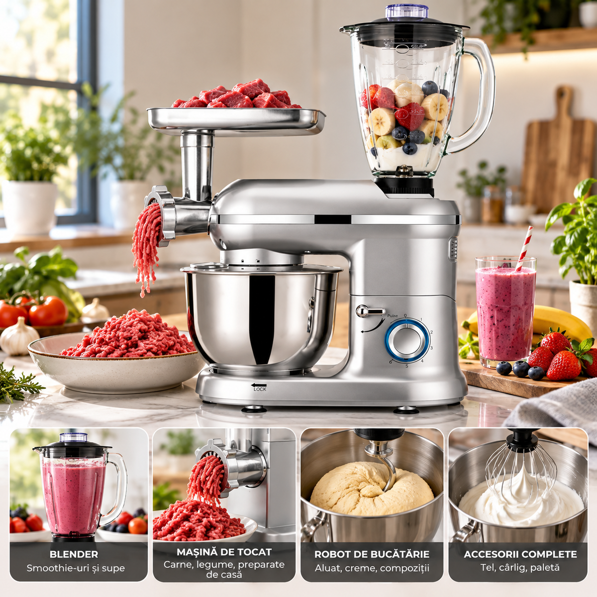Robot de bucatarie 1400W cu bol inox 5.5L – mixer, tocator si blender multifunctional, argintiu - imagine 2