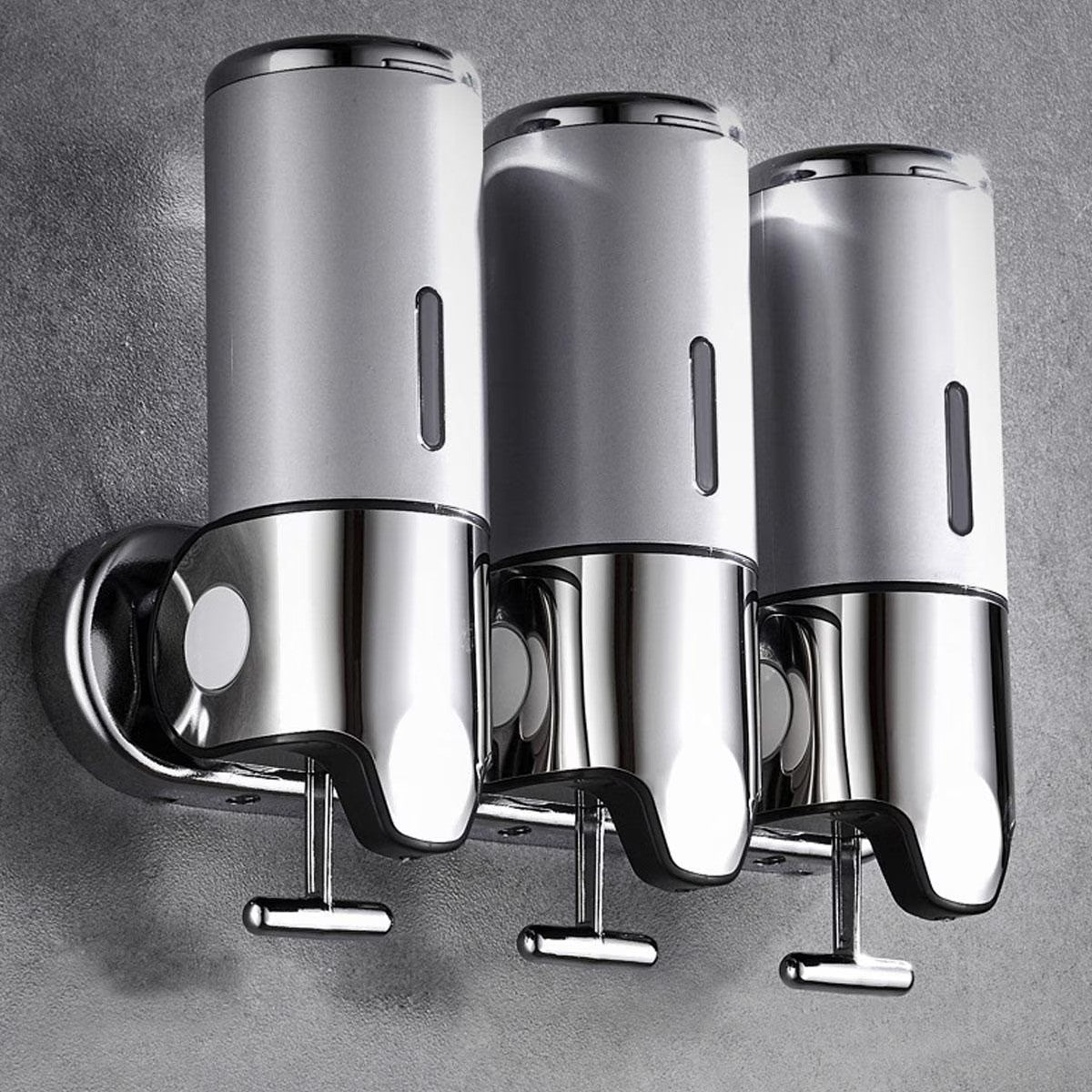 Set dispenser gel de dus, sampon, sapun lichid, balsam sau conditioner pentru baie, bucatarie, hotel, 3 X 500 ml, argintiu