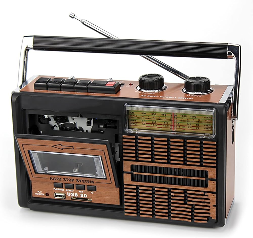 Radio retro portabil FP-319BT, 6 în 1 – Casetofon, MP3, Bluetooth, USB/SD, FM/AM/SW, Negru