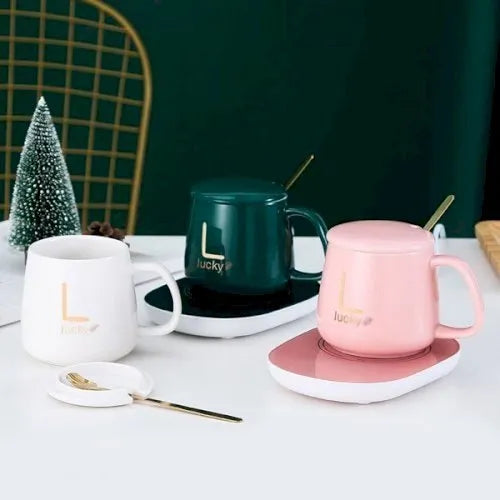 Set cadou Cana ceramica cu incalzitor, lingurita, temperatura constanta 55 grade, 220V, 400 ml