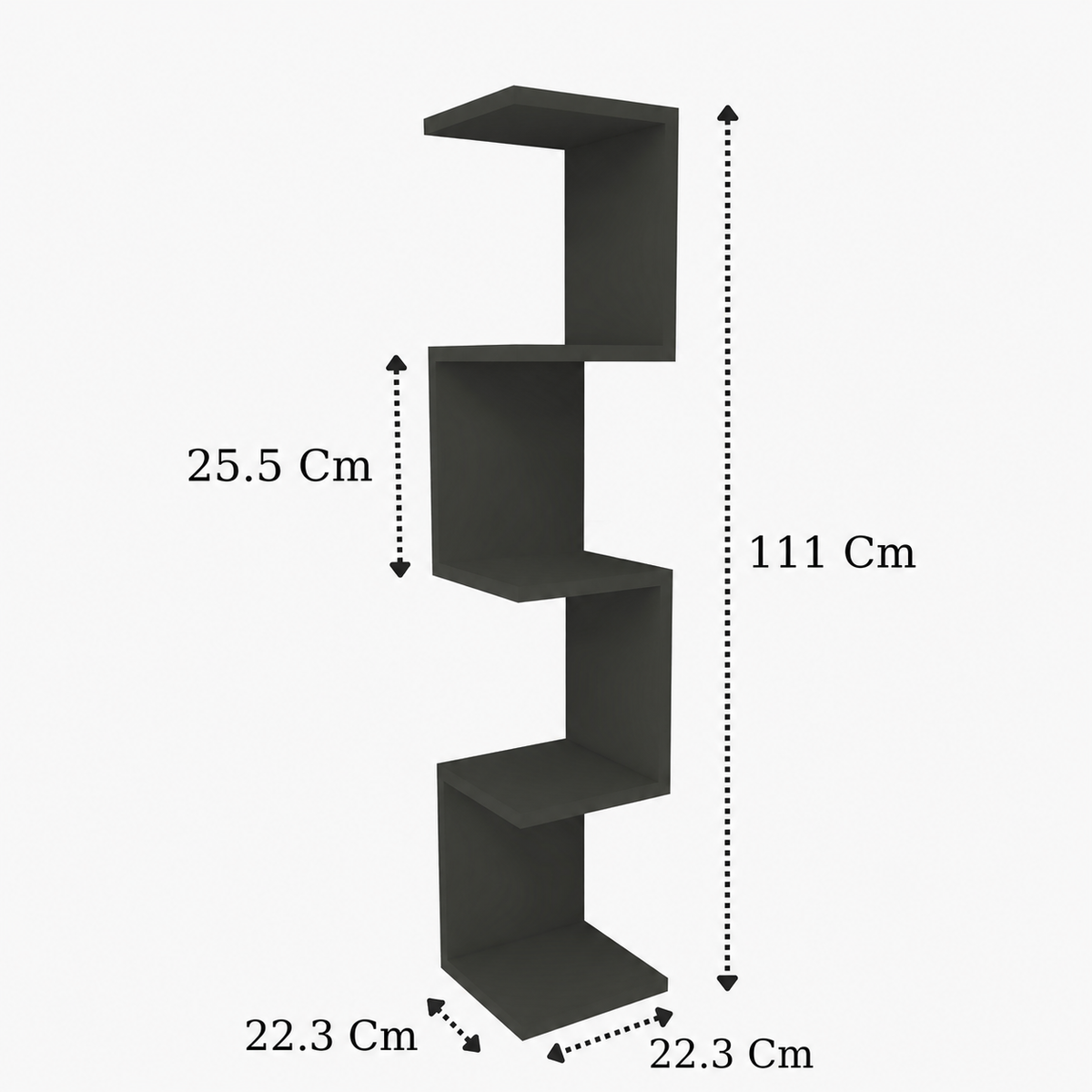 Raft suspendat tip zig-zag din PAL 22,3x22,3x111 cm, cu 4 polite, pentru carti si decoratiuni