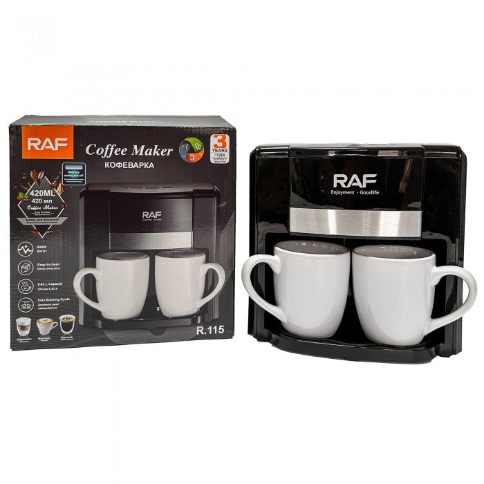 Aparat de cafea RAF 1000W cu 2 cani ceramice si lingura de masurare incluse, 420ml