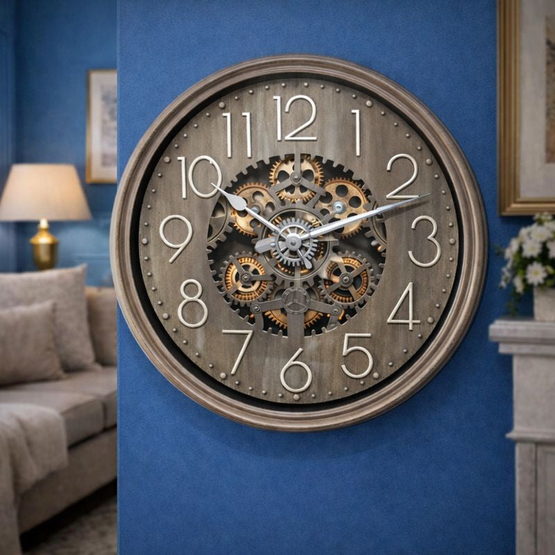 Ceas de perete decorativ cu mecanism vizibil design industrial vintage, 50cm